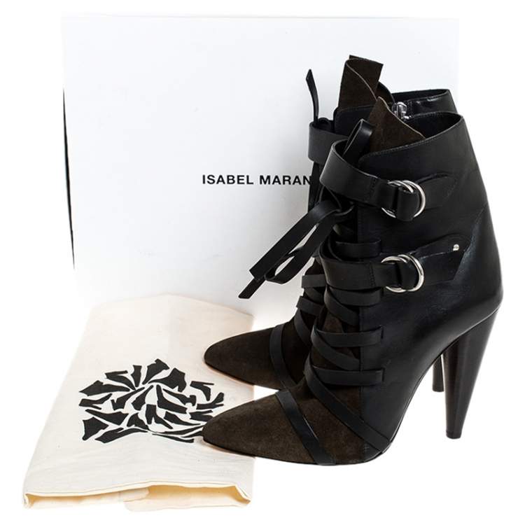 Pre Owned Isabel Marant Black/Green Suede and Leather Royston Buckle Ankle Boots Size 40