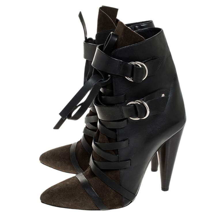 Pre Owned Isabel Marant Black/Green Suede and Leather Royston Buckle Ankle Boots Size 40