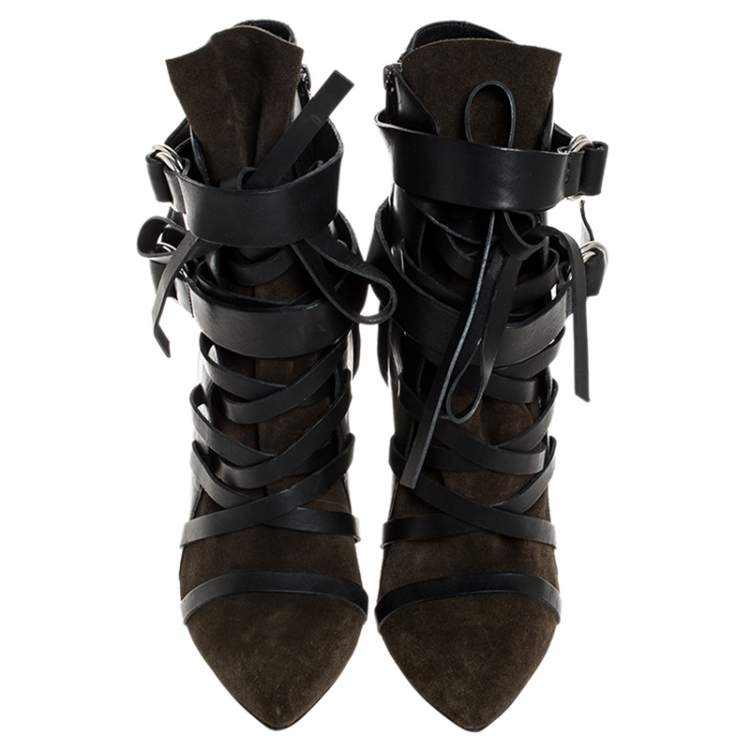 Pre Owned Isabel Marant Black/Green Suede and Leather Royston Buckle Ankle Boots Size 40