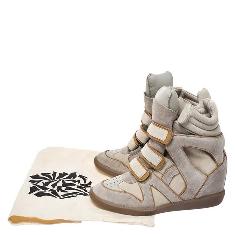 Pre Owned Isabel Marant Grey/Brown Suede And Leather Bekett Wedge Sneakers Size 37
