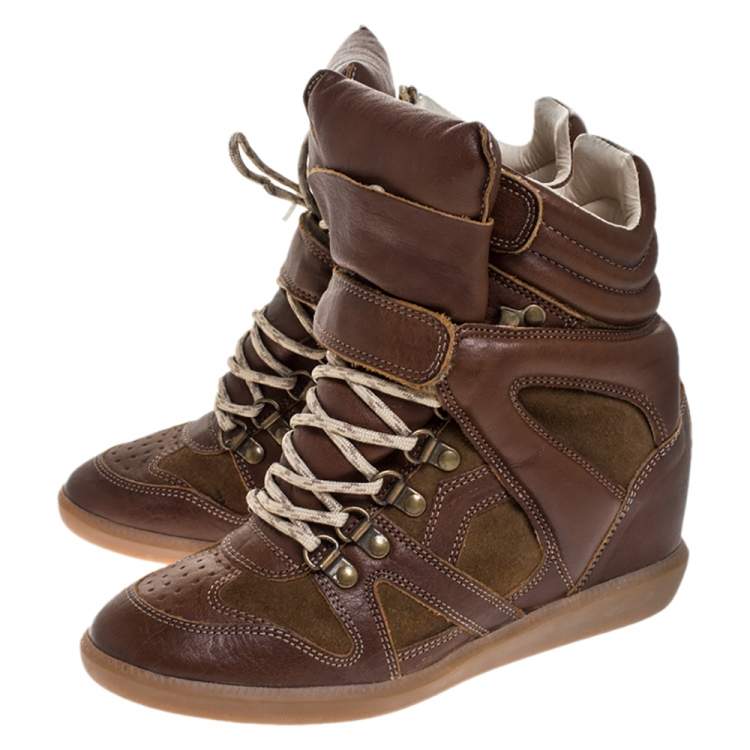 Pre Owned Isabel Marant Brown Leather and Suede Bekett Wedge Sneakers Size 38