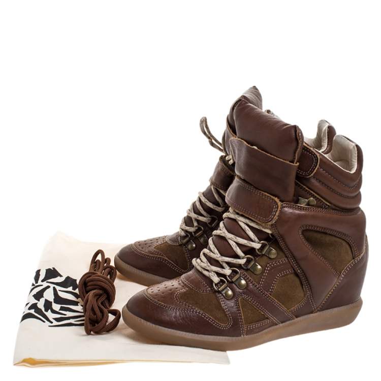 Pre Owned Isabel Marant Brown Leather and Suede Bekett Wedge Sneakers Size 38