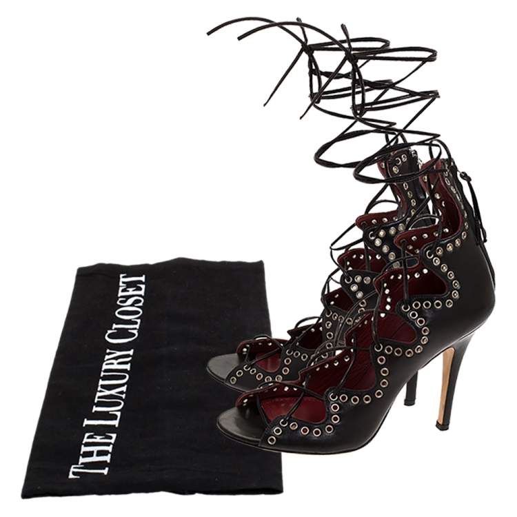 مملوكة مسبقًا Isabel Marant Black Leather Eyelet Embellished Lace Up Lelie Sandals Size 38