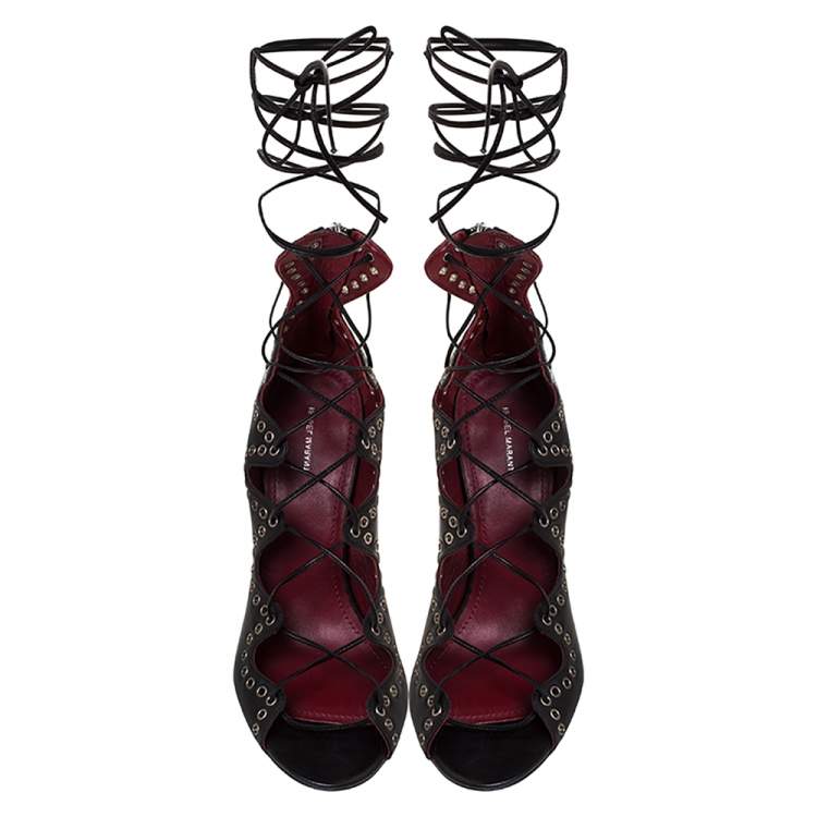 مملوكة مسبقًا Isabel Marant Black Leather Eyelet Embellished Lace Up Lelie Sandals Size 38