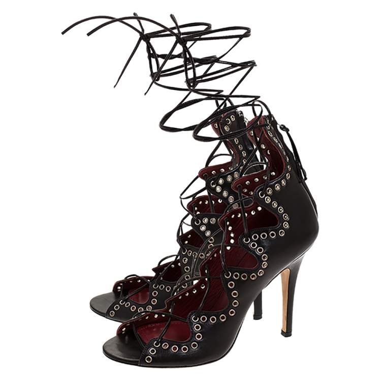 مملوكة مسبقًا Isabel Marant Black Leather Eyelet Embellished Lace Up Lelie Sandals Size 38