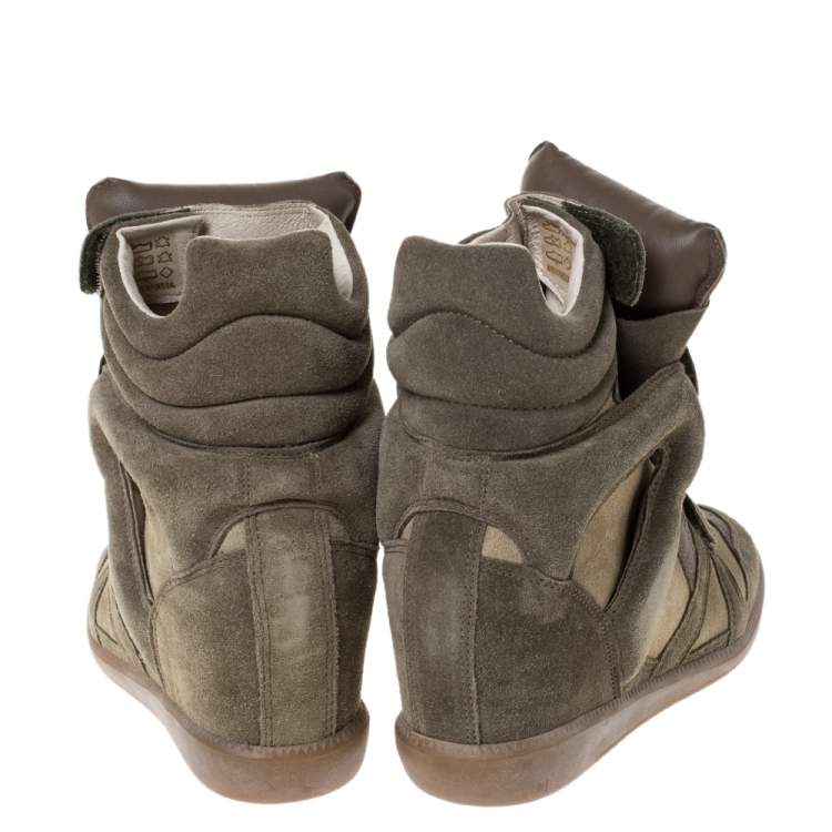 Pre Owned Isabel Marant Olive Green Suede And Leather Trim Bekett Wedge Sneakers Size 37
