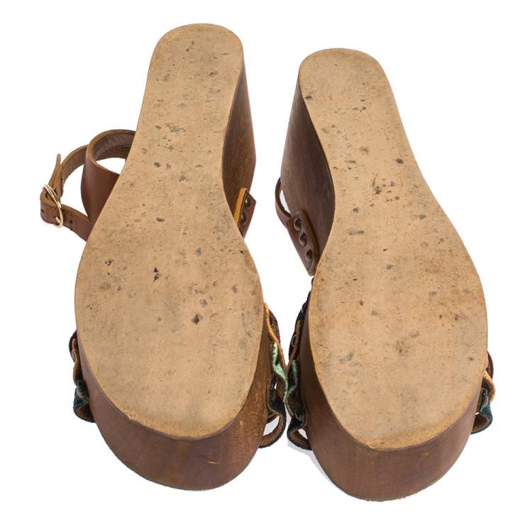 Pre Owned Isabel Marant Multicolor Leather Zia Wooden Wedge Ankle Strap Sandals Size 37
