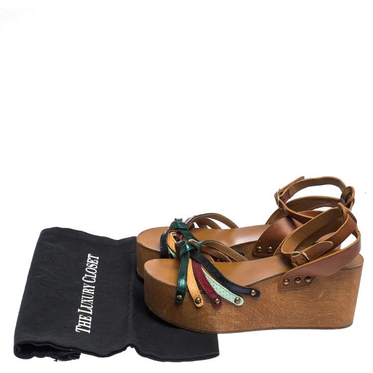 Pre Owned Isabel Marant Multicolor Leather Zia Wooden Wedge Ankle Strap Sandals Size 37