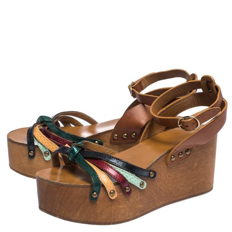 Pre Owned Isabel Marant Multicolor Leather Zia Wooden Wedge Ankle Strap Sandals Size 37