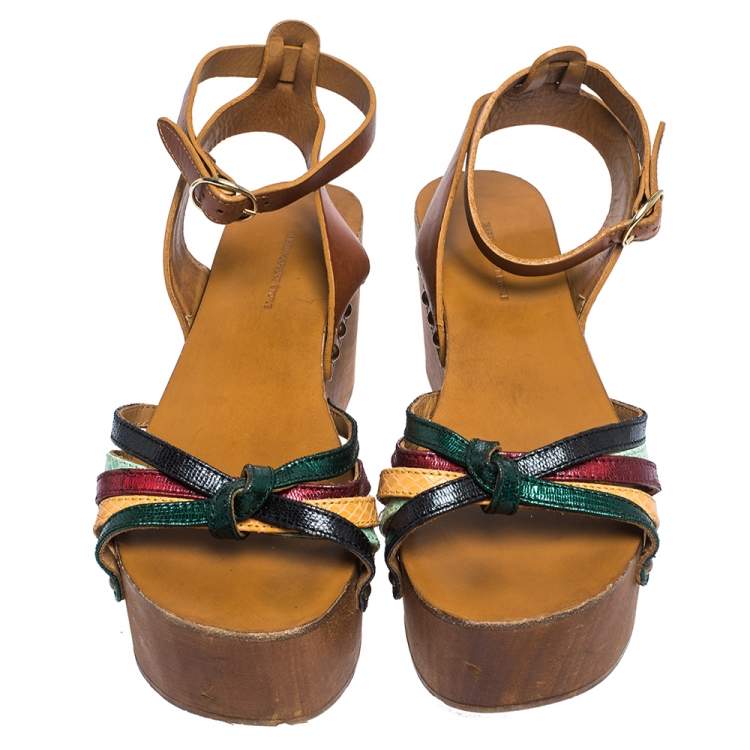 Pre Owned Isabel Marant Multicolor Leather Zia Wooden Wedge Ankle Strap Sandals Size 37