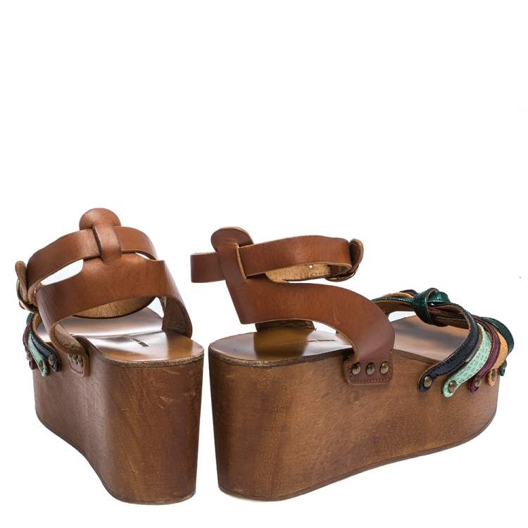 Pre Owned Isabel Marant Multicolor Leather Zia Wooden Wedge Ankle Strap Sandals Size 37