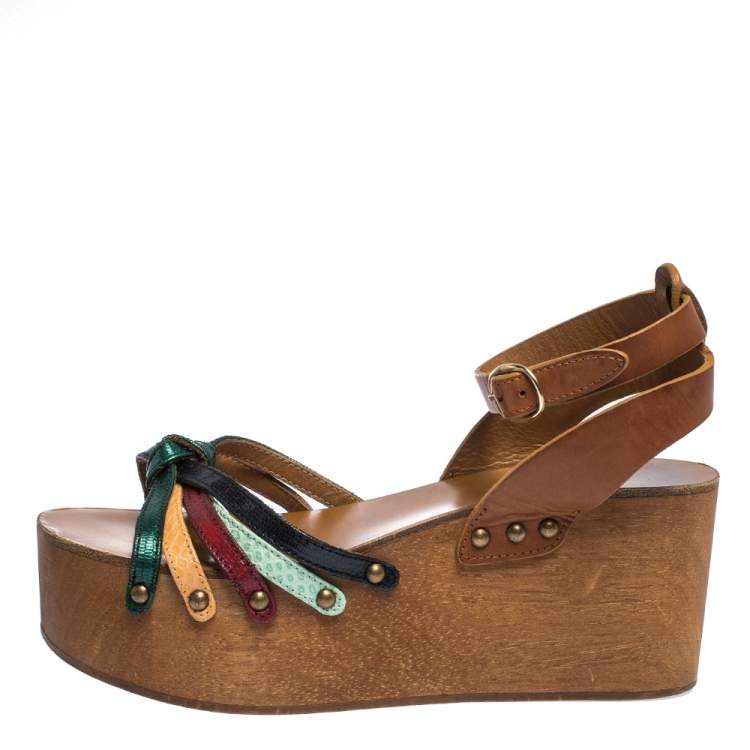 Isabel Marant Multicolor Leather Zia Wooden Wedge Ankle Strap Sandals 37 Marant | TLC