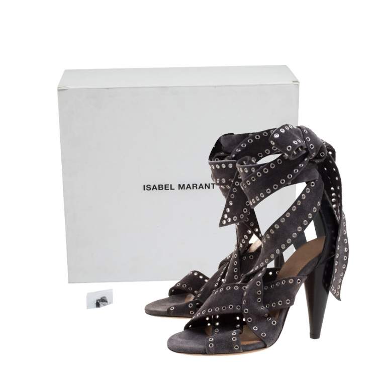 Pre Owned Isabel Marant Grey Eyelet Suede Anaid Cross Strap Wrap Around Sandals Size 40