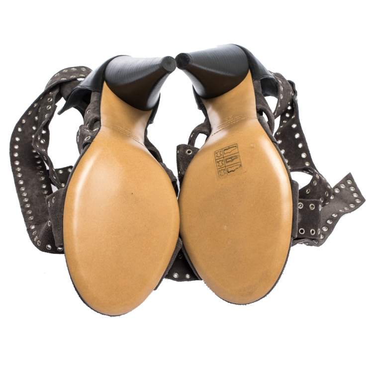 Pre Owned Isabel Marant Grey Eyelet Suede Anaid Cross Strap Wrap Around Sandals Size 40