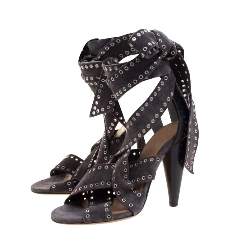Pre Owned Isabel Marant Grey Eyelet Suede Anaid Cross Strap Wrap Around Sandals Size 40