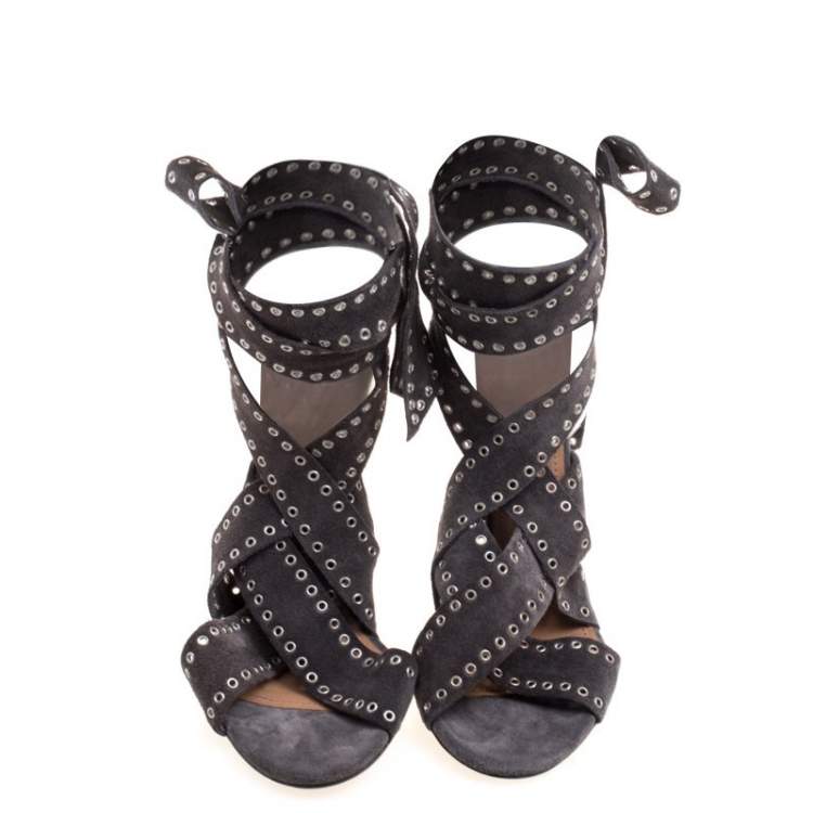 Pre Owned Isabel Marant Grey Eyelet Suede Anaid Cross Strap Wrap Around Sandals Size 40