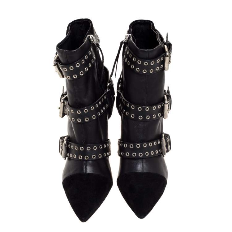 Pre Owned Isabel Marant Black Suede And Leather Eyelet Embellished Lysett Ankle Boots Size 39