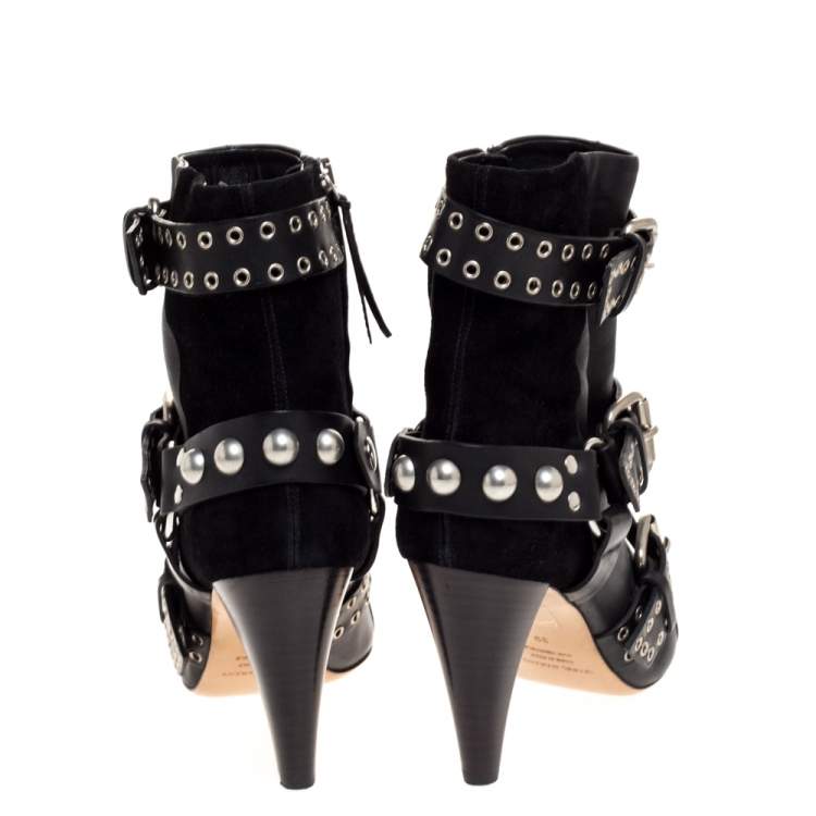 Pre Owned Isabel Marant Black Suede And Leather Eyelet Embellished Lysett Ankle Boots Size 39