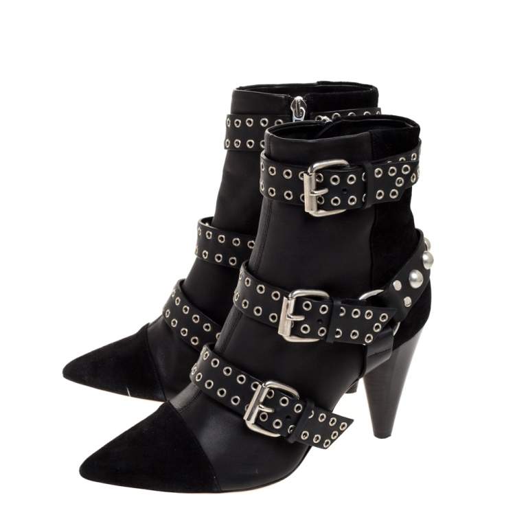 Pre Owned Isabel Marant Black Suede And Leather Eyelet Embellished Lysett Ankle Boots Size 39