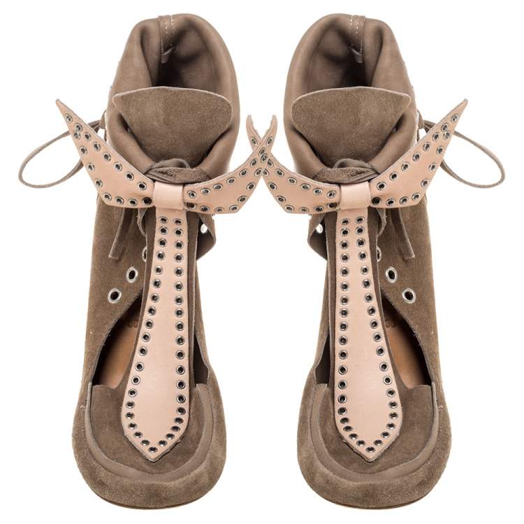 Pre Owned Isabel Marant Khaki Brown Suede Milla Bow Tie Loafer Ankle Boots Size 38