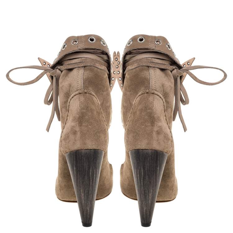 Pre Owned Isabel Marant Khaki Brown Suede Milla Bow Tie Loafer Ankle Boots Size 38