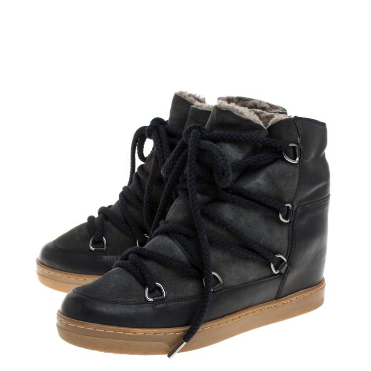 مملوكة مسبقًا Isabel Marant Black Suede And Leather Nowels Wedge High Top Sneakers Size 38