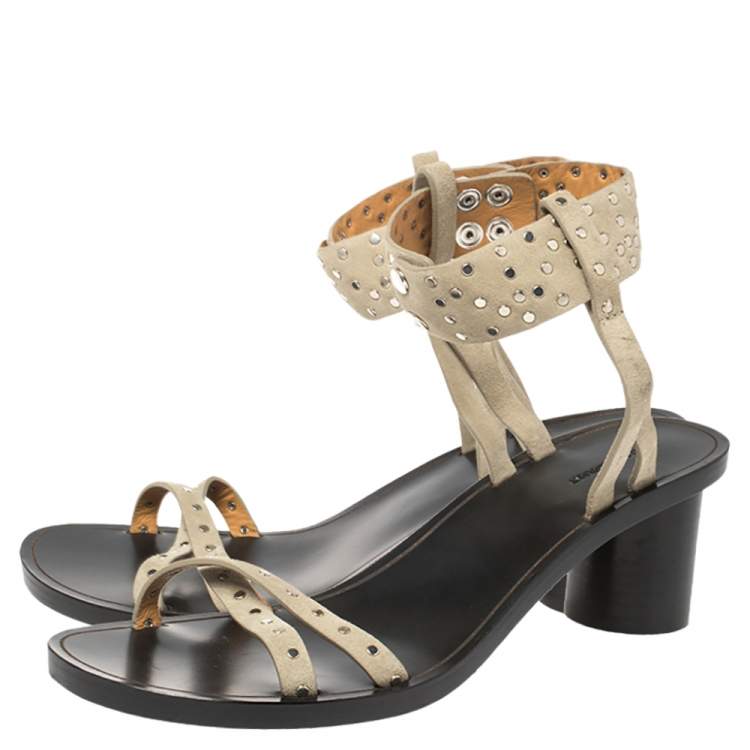 Pre Owned Isabel Marant Pale Green Suede Joakee Studded Ankle Strap Sandals Size 38