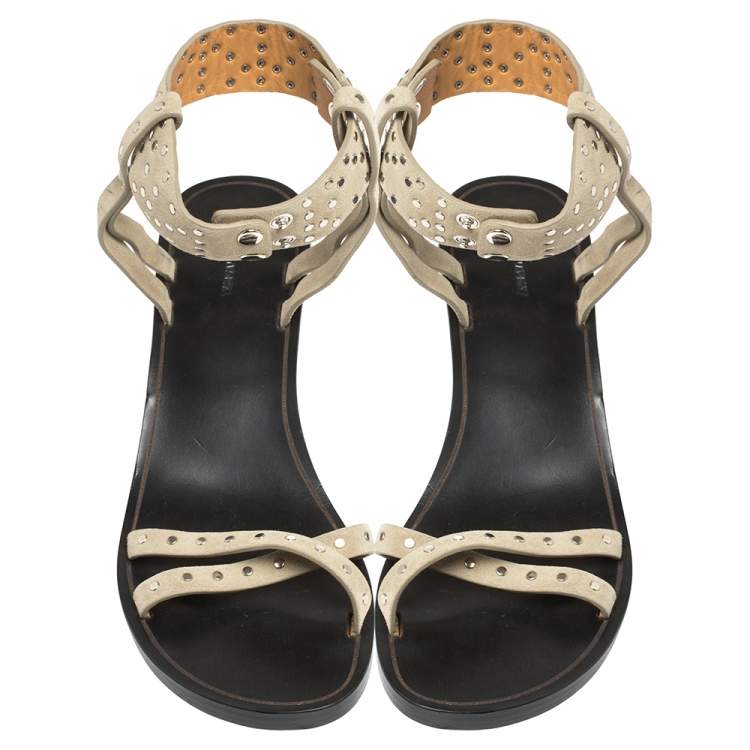 Pre Owned Isabel Marant Pale Green Suede Joakee Studded Ankle Strap Sandals Size 38