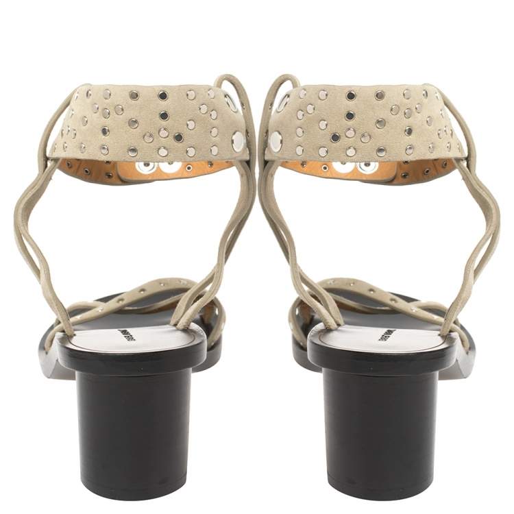 Pre Owned Isabel Marant Pale Green Suede Joakee Studded Ankle Strap Sandals Size 38