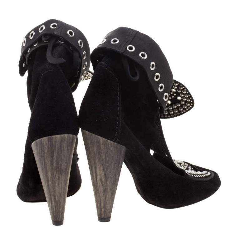 Pre Owned Isabel Marant Black Suede Mossa Studded Cutout Ankle Boots Size 36