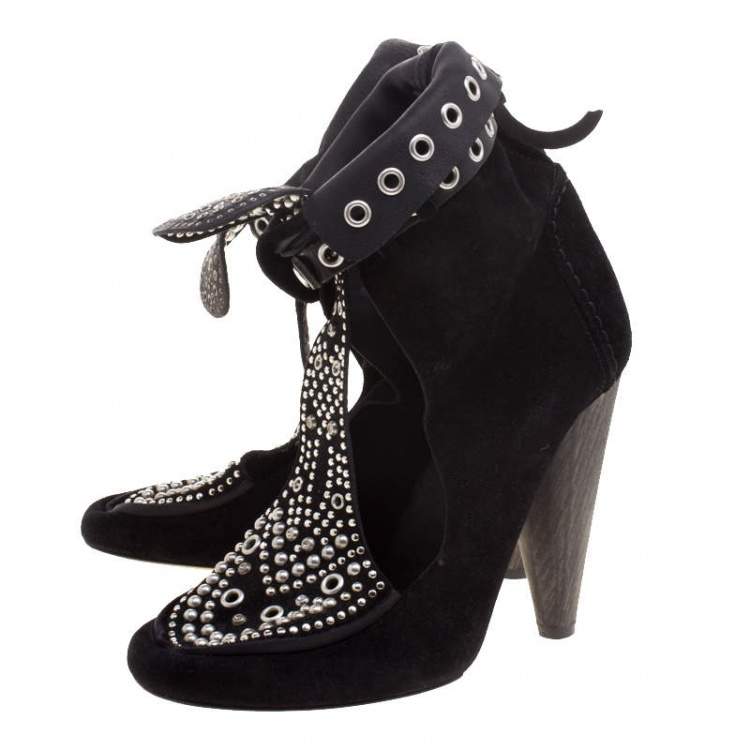 Pre Owned Isabel Marant Black Suede Mossa Studded Cutout Ankle Boots Size 36