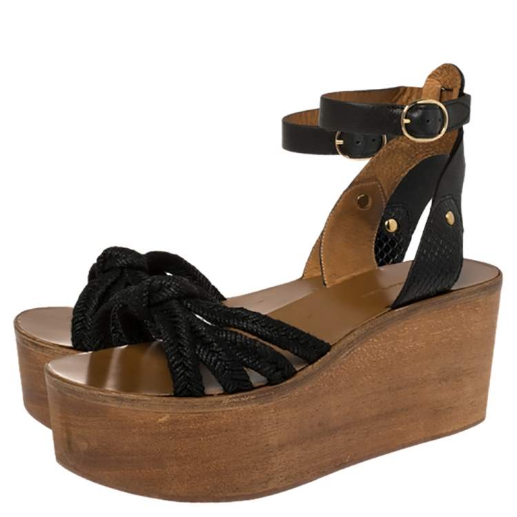 Pre Owned Isabel Marant Black Leather and Jute Zia Wooden Wedge Ankle Strap Sandals Size 37