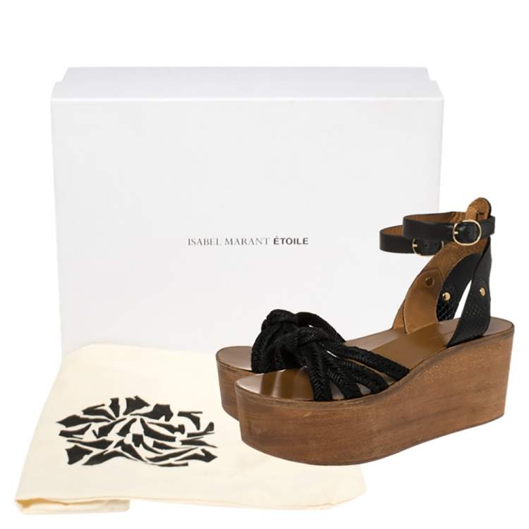 Pre Owned Isabel Marant Black Leather and Jute Zia Wooden Wedge Ankle Strap Sandals Size 37