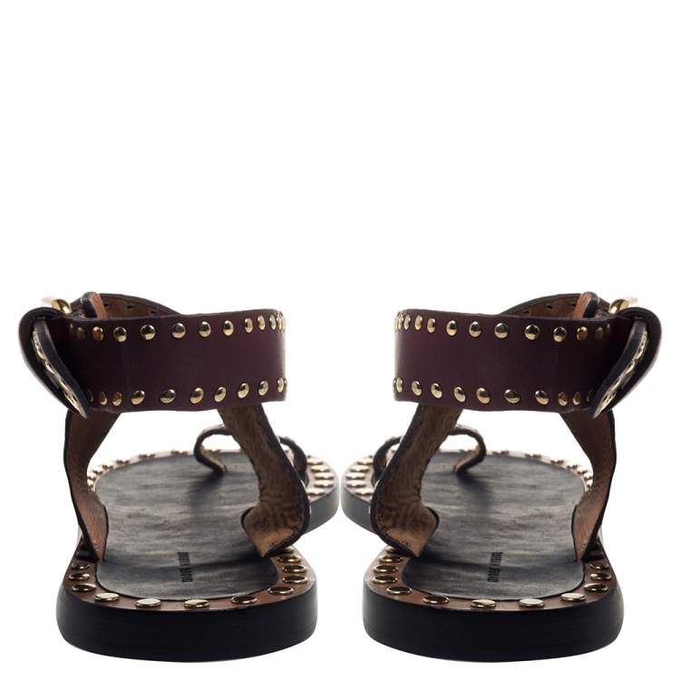 Pre Owned Isabel Marant Red Studded Leather Jeppys Flat Sandals Size 38