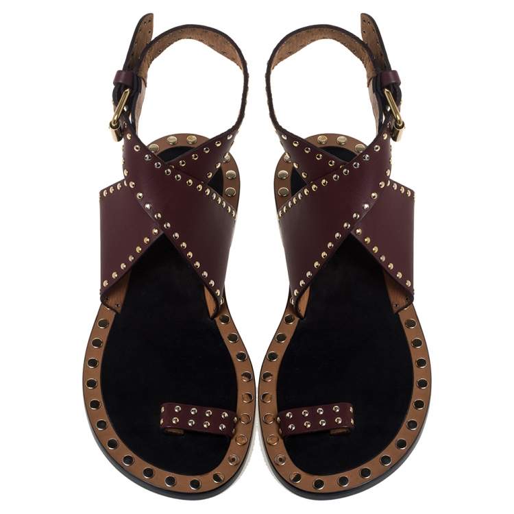 Pre Owned Isabel Marant Red Studded Leather Jeppys Flat Sandals Size 38
