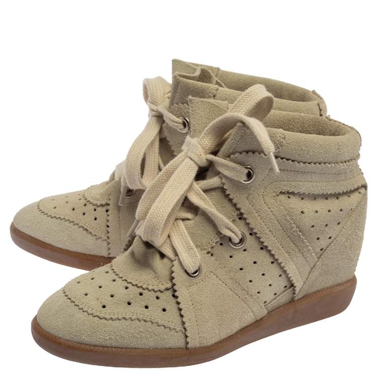 Pre Owned Isabel Marant  Light Grey Suede Bobby Lace Up Wedge Sneakers Size 37