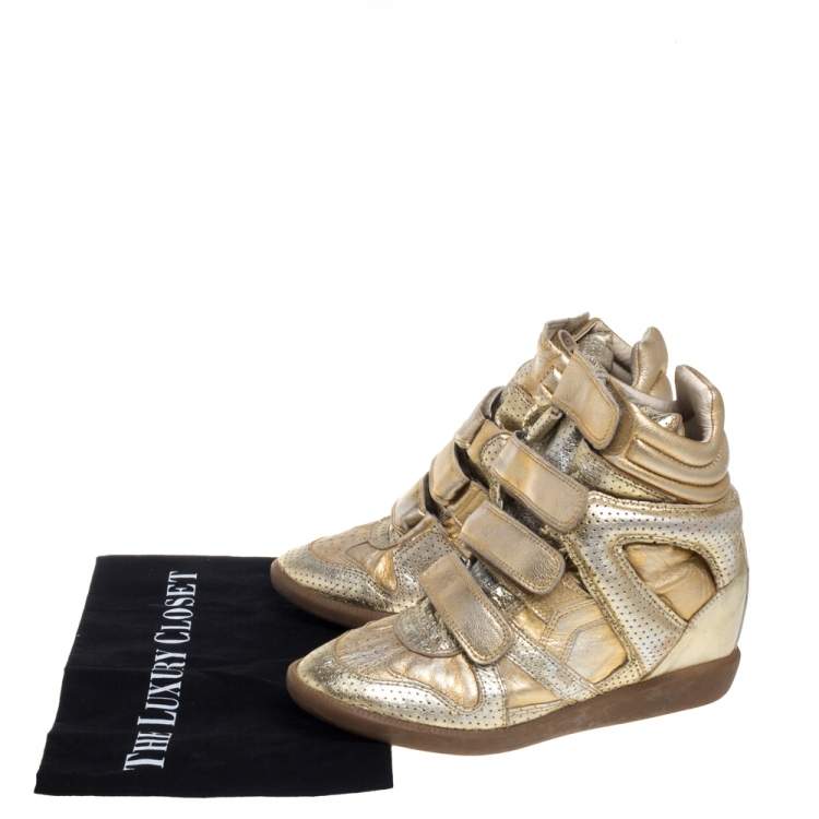 Pre Owned Isabel Marant Metallic Gold Leather Bekett Wedge Sneakers Size 37