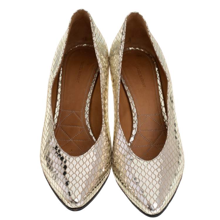 Pre Owned Isabel Marant Gold Mirror Suede Snakeskin Effect Pumps Size 38