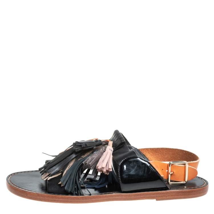 Isabel Etoile Black/Brown Leather Clay Tassel Flat Sandals Size 40 Marant