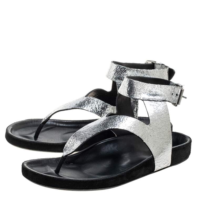 Pre Owned Isabel Marant Silver Leather Flat Ankle Strap Sandals Size 41