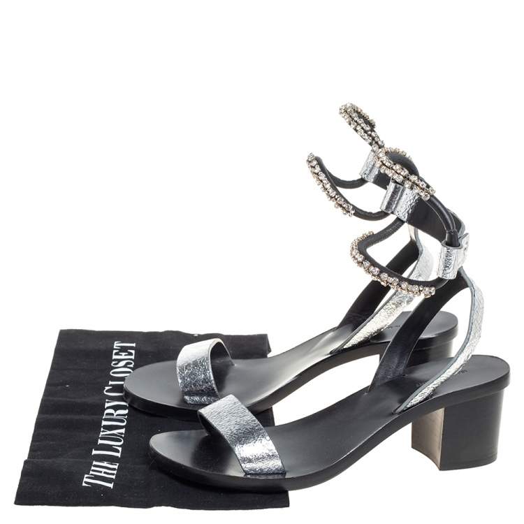 مملوكة مسبقًا Isabel Marant Silver Crackle Leather Crystal Embellished Ankle Strap Sandals Size 37