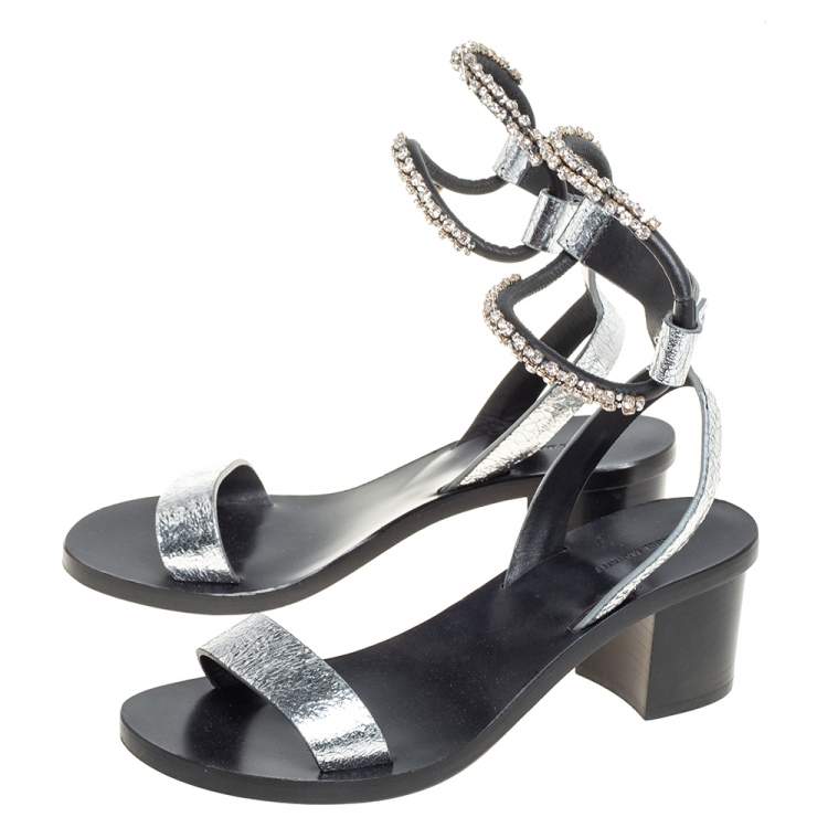 مملوكة مسبقًا Isabel Marant Silver Crackle Leather Crystal Embellished Ankle Strap Sandals Size 37