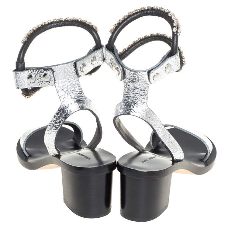 مملوكة مسبقًا Isabel Marant Silver Crackle Leather Crystal Embellished Ankle Strap Sandals Size 37