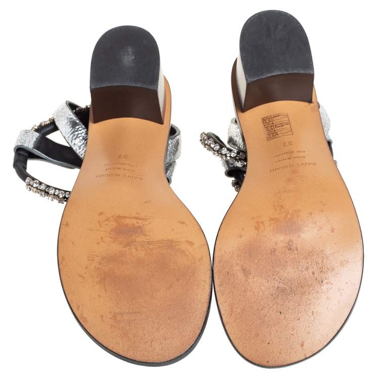 مملوكة مسبقًا Isabel Marant Silver Crackle Leather Crystal Embellished Ankle Strap Sandals Size 37
