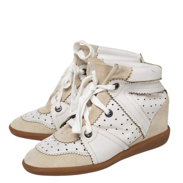 Pre Owned Isabel Marant White/Grey Leather And Suede Bobby Wedge Sneakers Size 39