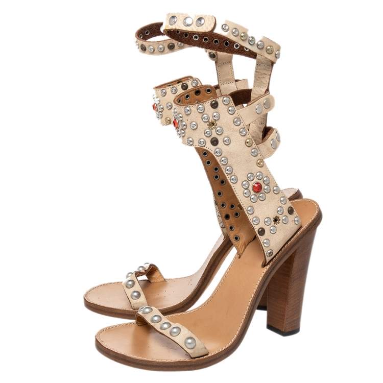 Pre Owned Isabel Marant Beige Studded Leather Jaeryn Ankle Strap Sandals Size 40