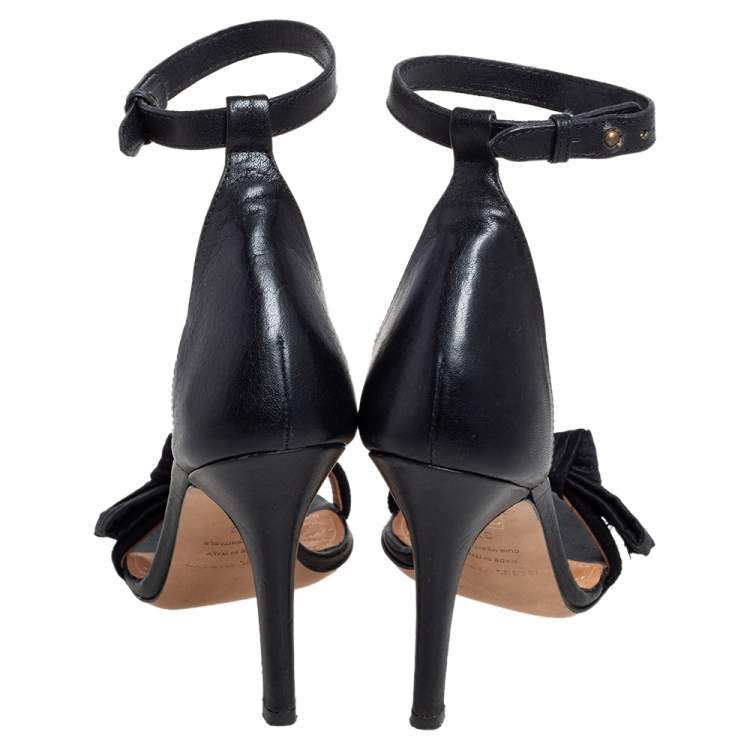 Pre Owned Isabel Marant Black Leather And Satin Bow Ki Gong Ankle Strap Sandals Size 37