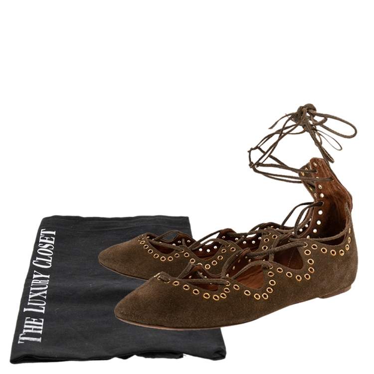 Pre Owned Isabel Marant Brown Suede Leo Eyelet Ankle Wrap Ballet Flats Size 38