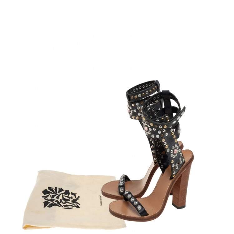 Pre Owned Isabel Marant Black Leather Studded Jaeryn Ankle Strap Sandals Size 37