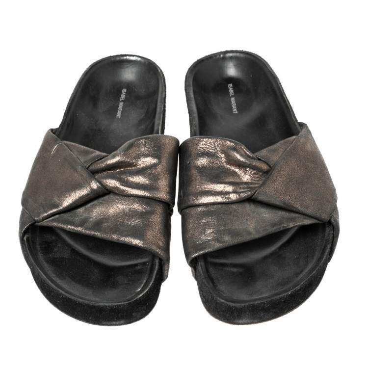 Pre Owned Isabel Marant Metallic Leather Knotted Slide Flats Size 36